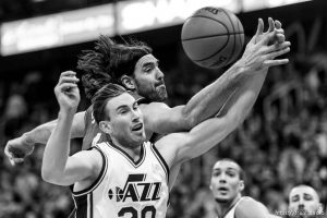 Trent Nelson  |  The Salt Lake Tribune
Toronto Raptors forward Luis Scola (4) loses the ball, defended by Utah Jazz forward Gordon Hayward (20) as the Utah Jazz host the Toronto Raptors, NBA basketball at Vivint Smart Home Arena in Salt Lake City, Wednesday November 18, 2015.