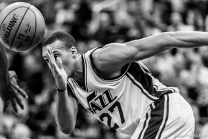 Trent Nelson  |  The Salt Lake Tribune
Utah Jazz center Rudy Gobert (27) slaps the ball to a teammate as the Utah Jazz host the Toronto Raptors, NBA basketball at Vivint Smart Home Arena in Salt Lake City, Wednesday November 18, 2015.