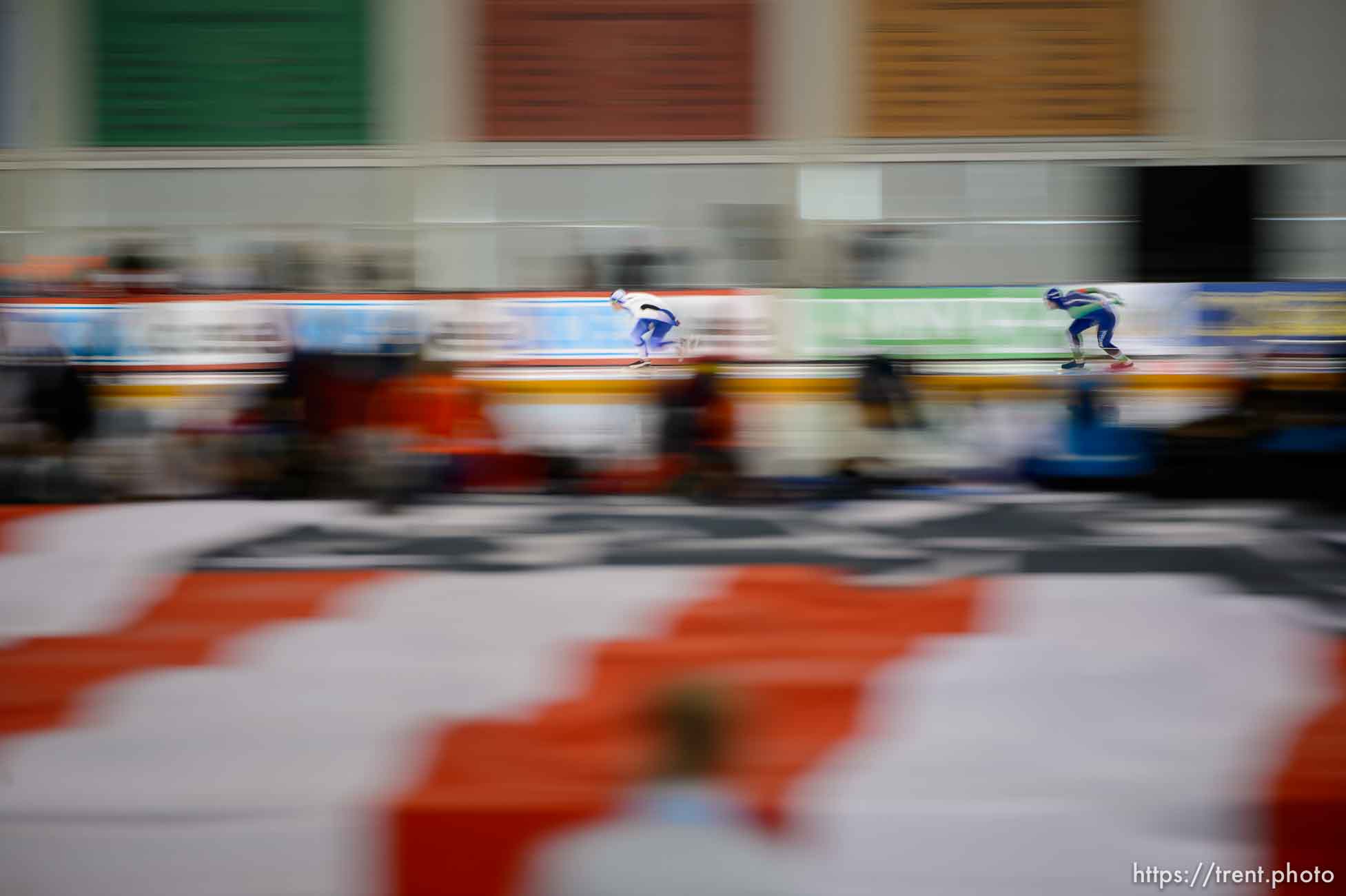 Trent Nelson  |  The Salt Lake Tribune
Ronald Mulder, Netherlands (green/blue), and Mika Poutala, Finland (white/blue), in the men's 500m, speed skating at the ISU World Cup, at the Utah Olympic Oval in Kearns, Sunday November 22, 2015.