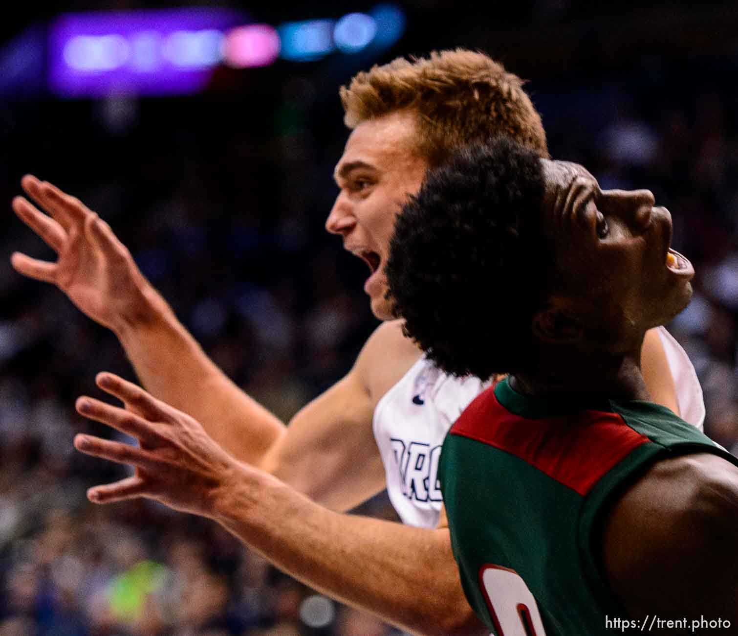 Trent Nelson  |  The Salt Lake Tribune
Brigham Young Cougars guard Kyle Collinsworth (5), Mississippi Valley State Delta Devils forward Vacha Vaughn (0) as BYU hosts Mississippi Valley State, NCAA basketball at the Marriott Center in Provo, Wednesday November 25, 2015.