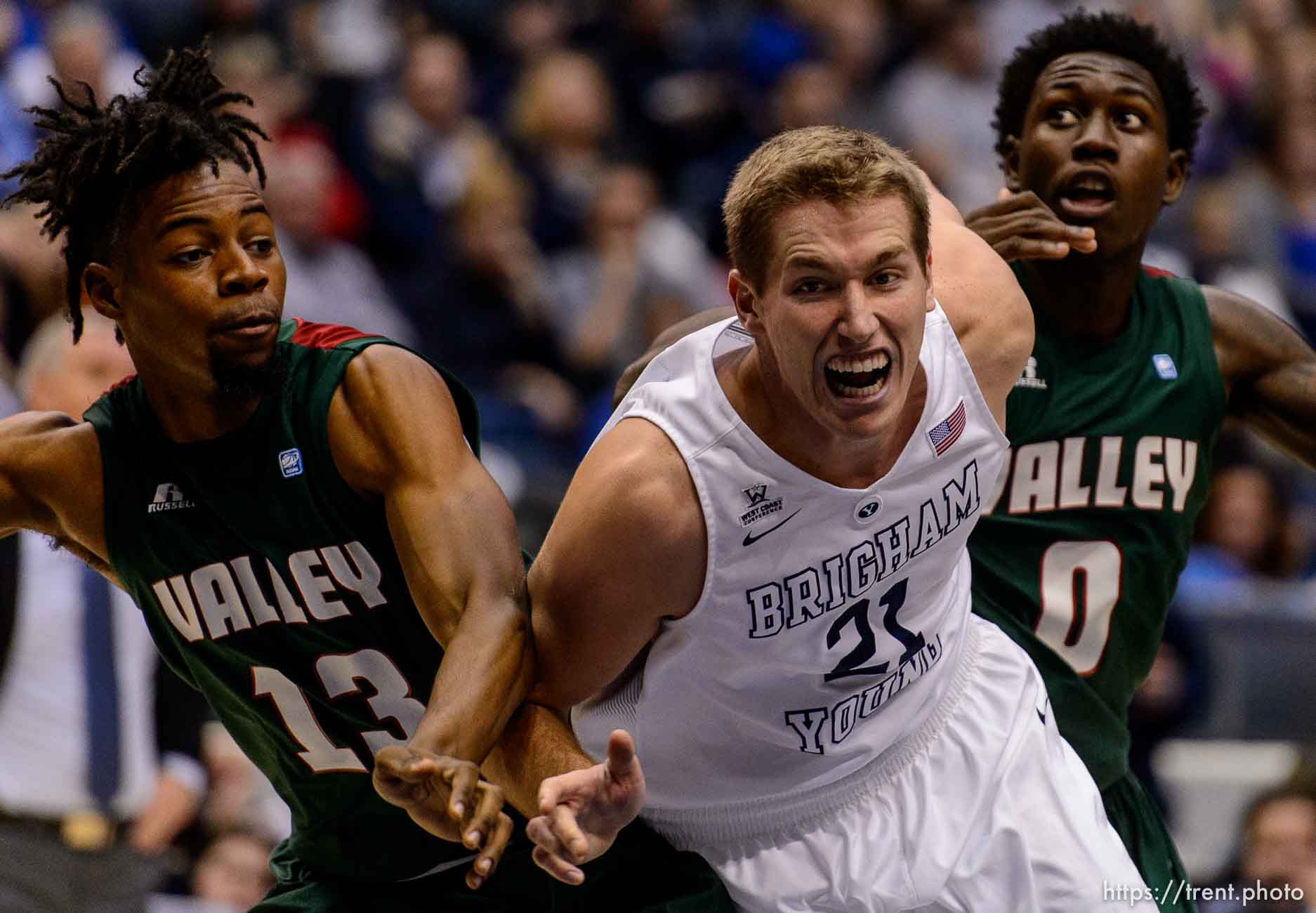 Trent Nelson  |  The Salt Lake Tribune
Mississippi Valley State Delta Devils forward Jabari Alex (13), Brigham Young Cougars forward Kyle Davis (21), and Mississippi Valley State Delta Devils forward Vacha Vaughn (0) look for the rebound as BYU hosts Mississippi Valley State, NCAA basketball at the Marriott Center in Provo, Wednesday November 25, 2015.