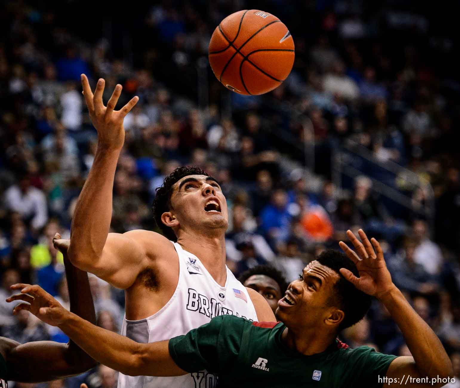 Trent Nelson  |  The Salt Lake Tribune
Brigham Young Cougars center Corbin Kaufusi (44) and Mississippi Valley State Delta Devils guard Kylan Phillips (11) look to the loose ball as BYU hosts Mississippi Valley State, NCAA basketball at the Marriott Center in Provo, Wednesday November 25, 2015.