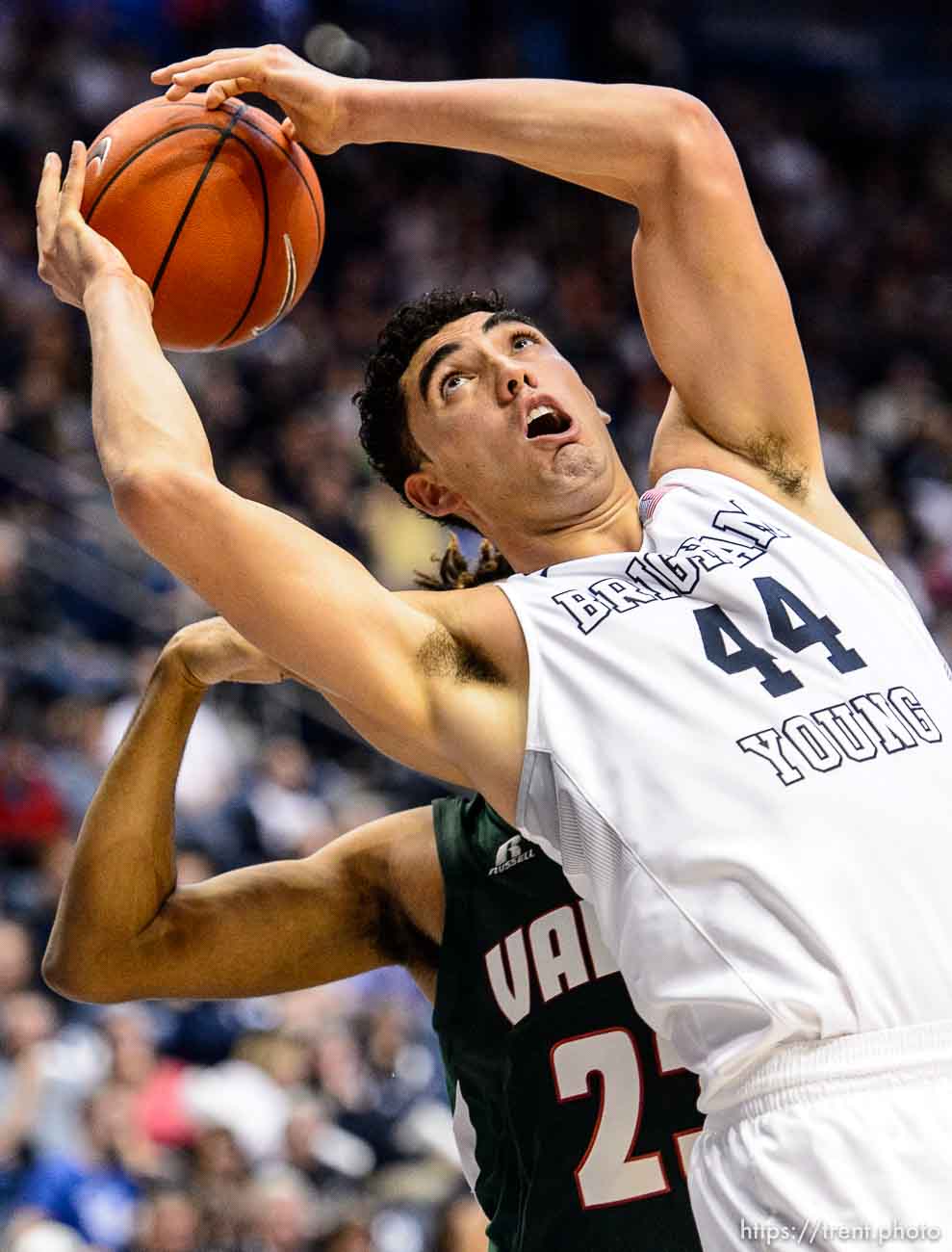 Trent Nelson  |  The Salt Lake Tribune
Brigham Young Cougars center Corbin Kaufusi (44) pulls down a rebound as BYU hosts Mississippi Valley State, NCAA basketball at the Marriott Center in Provo, Wednesday November 25, 2015.