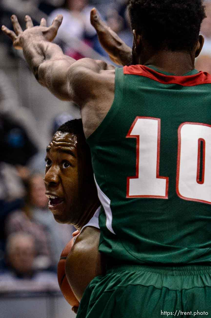 Trent Nelson  |  The Salt Lake Tribune
Brigham Young Cougars forward Jamal Aytes (40) looks out from under Mississippi Valley State Delta Devils forward Ta'Jay Henry (10), as BYU hosts Mississippi Valley State, NCAA basketball at the Marriott Center in Provo, Wednesday November 25, 2015.