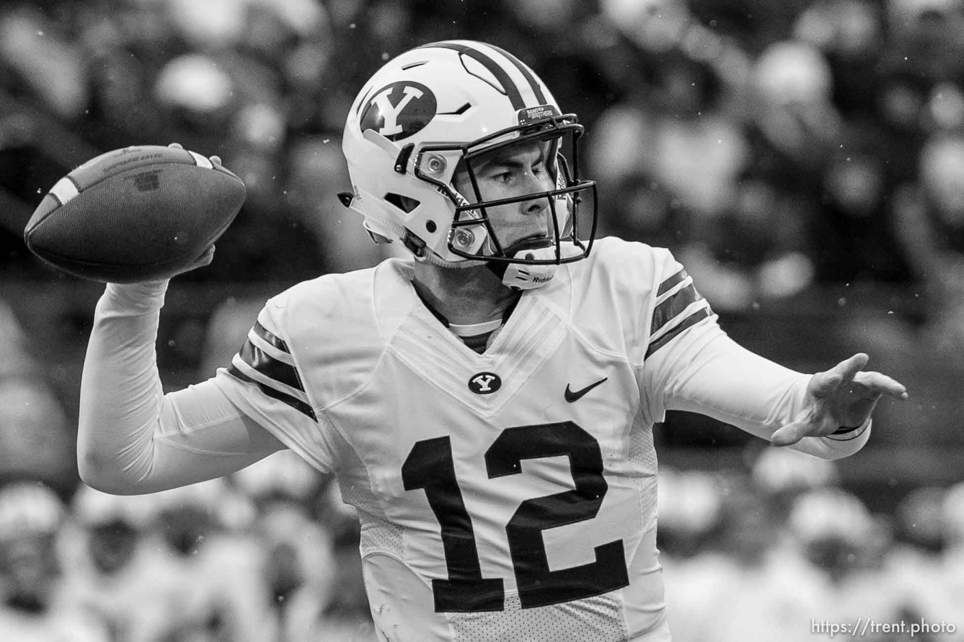 Trent Nelson  |  The Salt Lake Tribune
Brigham Young Cougars quarterback Tanner Mangum (12) throws the ball as Utah State hosts BYU, NCAA football in Logan, Saturday November 28, 2015.