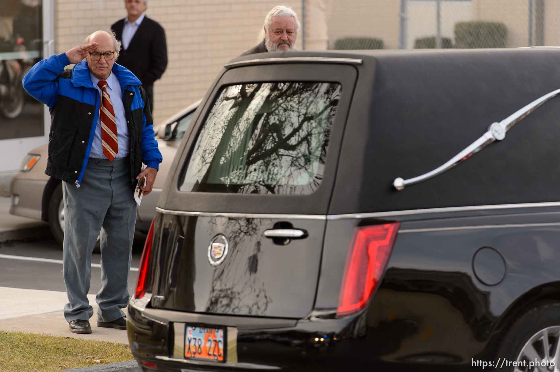 Trent Nelson  |  The Salt Lake Tribune
George Zinn salutes the hearse following the funeral of former of former Utah Governor Olene Walker in Salt Lake City, Friday December 4, 2015. Walker was the first woman to occupy the state's top office. She died Saturday 11/28 at the age of 85 from natural causes.