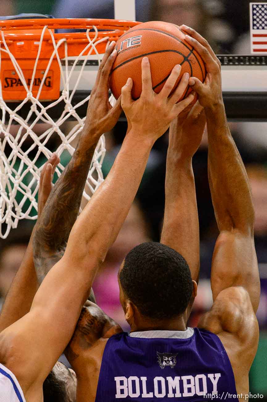 Trent Nelson  |  The Salt Lake Tribune
Weber State's Joel Bolomboy pulls down a rebound as BYU faces Weber State, NCAA basketball at Vivant Smart Home Arena in Salt Lake City, Saturday December 5, 2015.