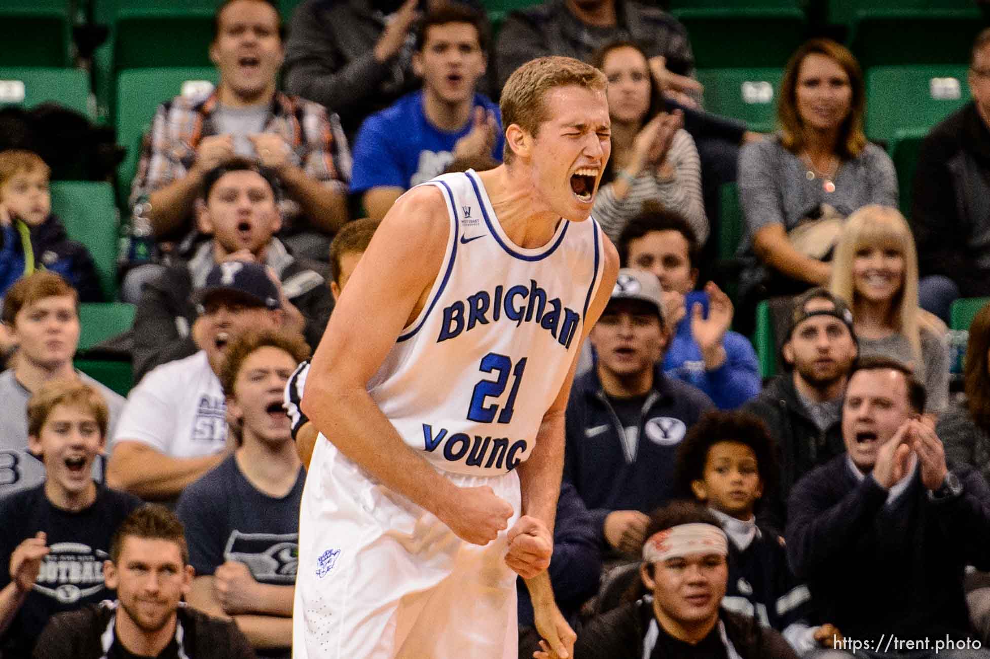 Trent Nelson  |  The Salt Lake Tribune
BYU's Kyle Davis lets out a cougar roar as BYU faces Weber State, NCAA basketball at Vivant Smart Home Arena in Salt Lake City, Saturday December 5, 2015.