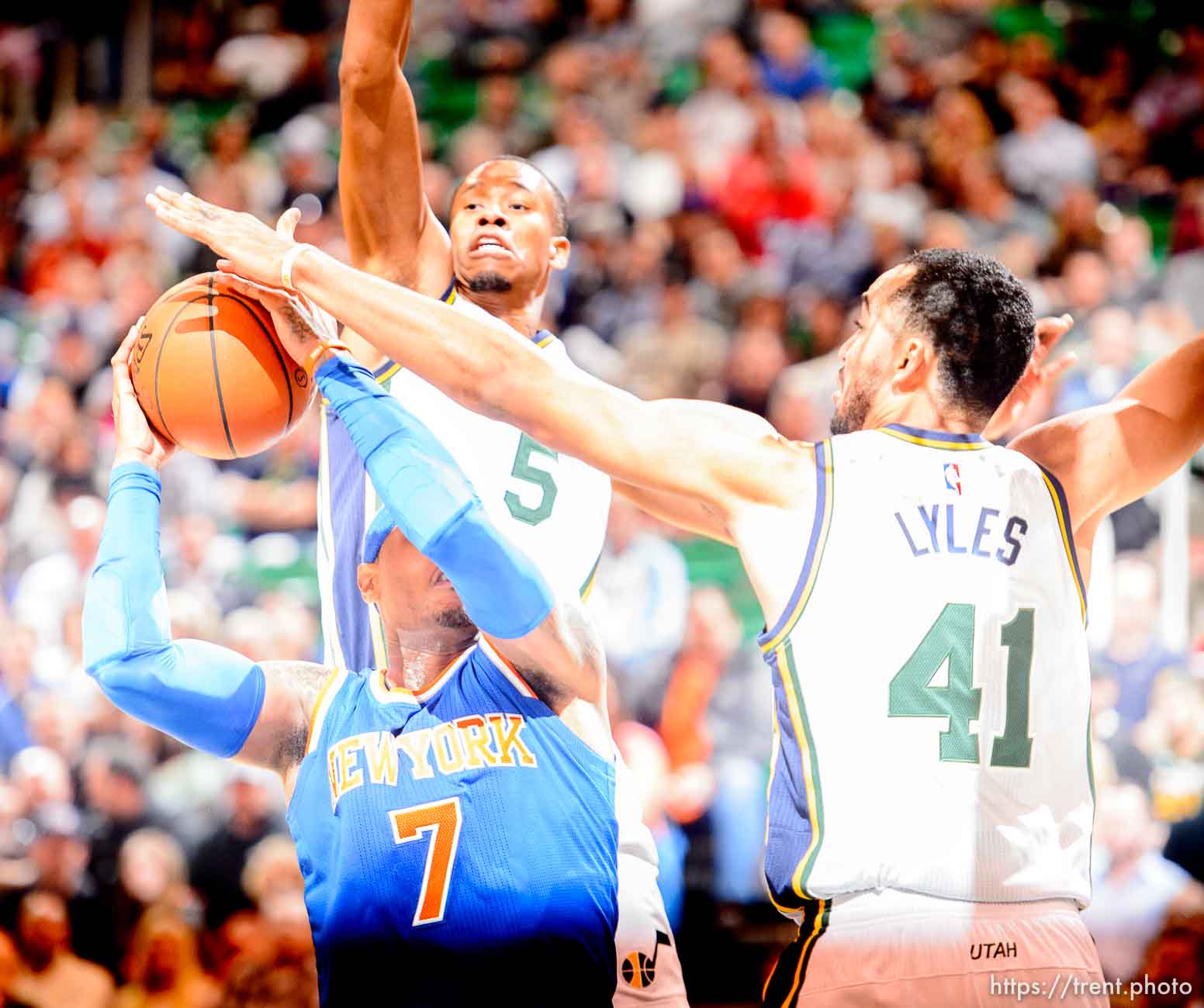 Trent Nelson  |  The Salt Lake Tribune
Utah Jazz guard Rodney Hood (5) and Utah Jazz forward Trey Lyles (41) defend New York Knicks forward Carmelo Anthony (7) as the Utah Jazz host the New York Knicks, NBA basketball at Vivint Smart Home Arena, Wednesday December 9, 2015.