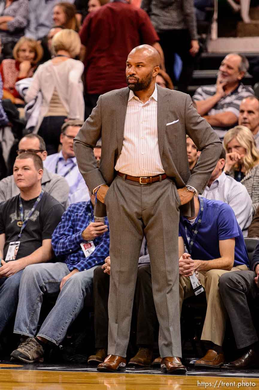 Trent Nelson  |  The Salt Lake Tribune
With fans leaving the arena in the fourth quarter, New York Knicks head coach Derek Fisher looks on as his team is down by 26 points, as the Utah Jazz host the New York Knicks, NBA basketball at Vivint Smart Home Arena, Wednesday December 9, 2015.