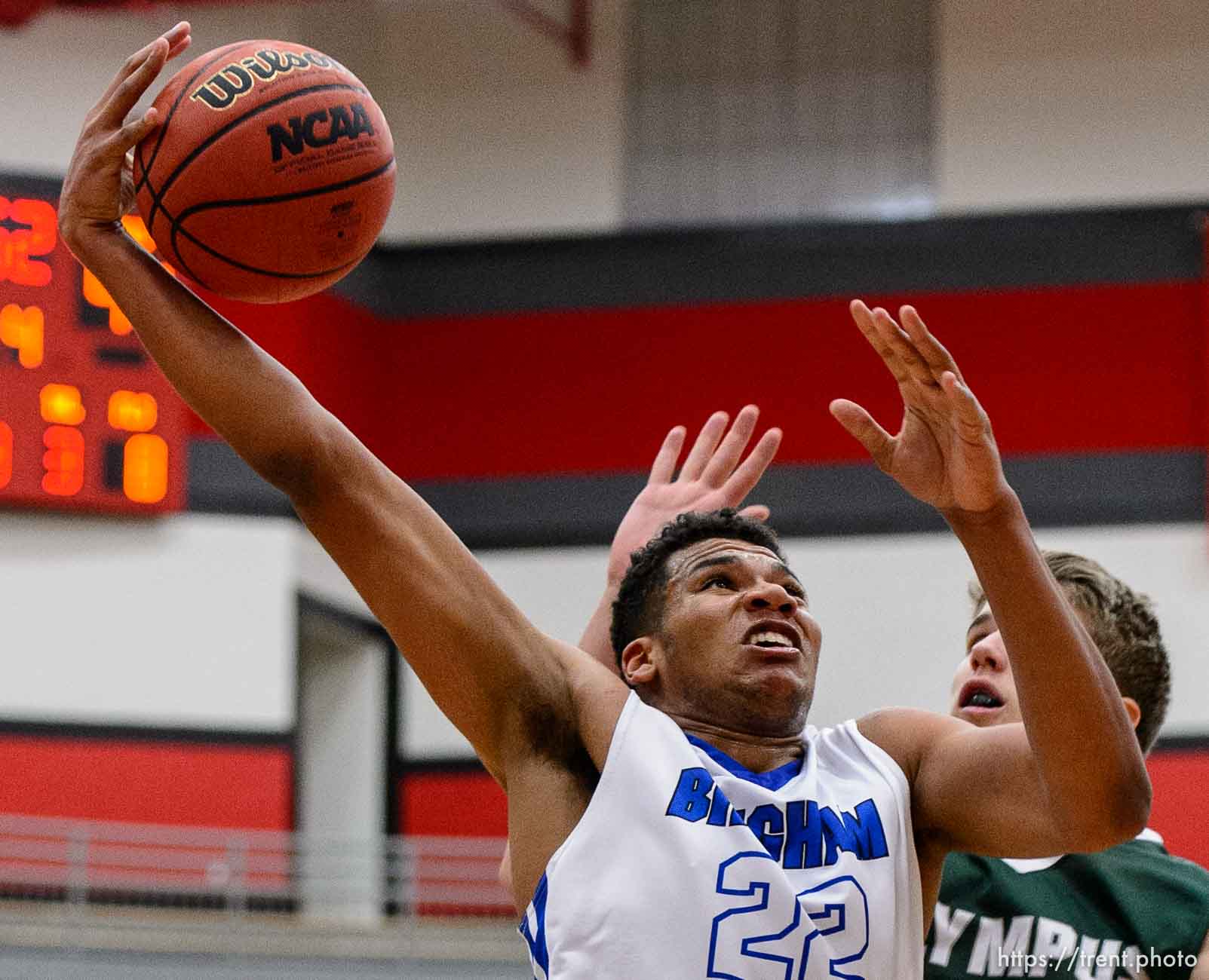 Trent Nelson  |  The Salt Lake Tribune
Bingham's Yoeli Childs (22) puts up a shot, defended by Olympus's Isaac Monson (20)  as Bingham plays Olympus in the first round of the boys' basketball Elite 8 Tournament at American Fork High School, Thursday December 10, 2015.