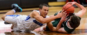 Trent Nelson  |  The Salt Lake Tribune
Bingham's Dason Youngblood (4) and Olympus's Nate Fox (3) chase down a loose ball as Bingham plays Olympus in the first round of the boys' basketball Elite 8 Tournament at American Fork High School, Thursday December 10, 2015.