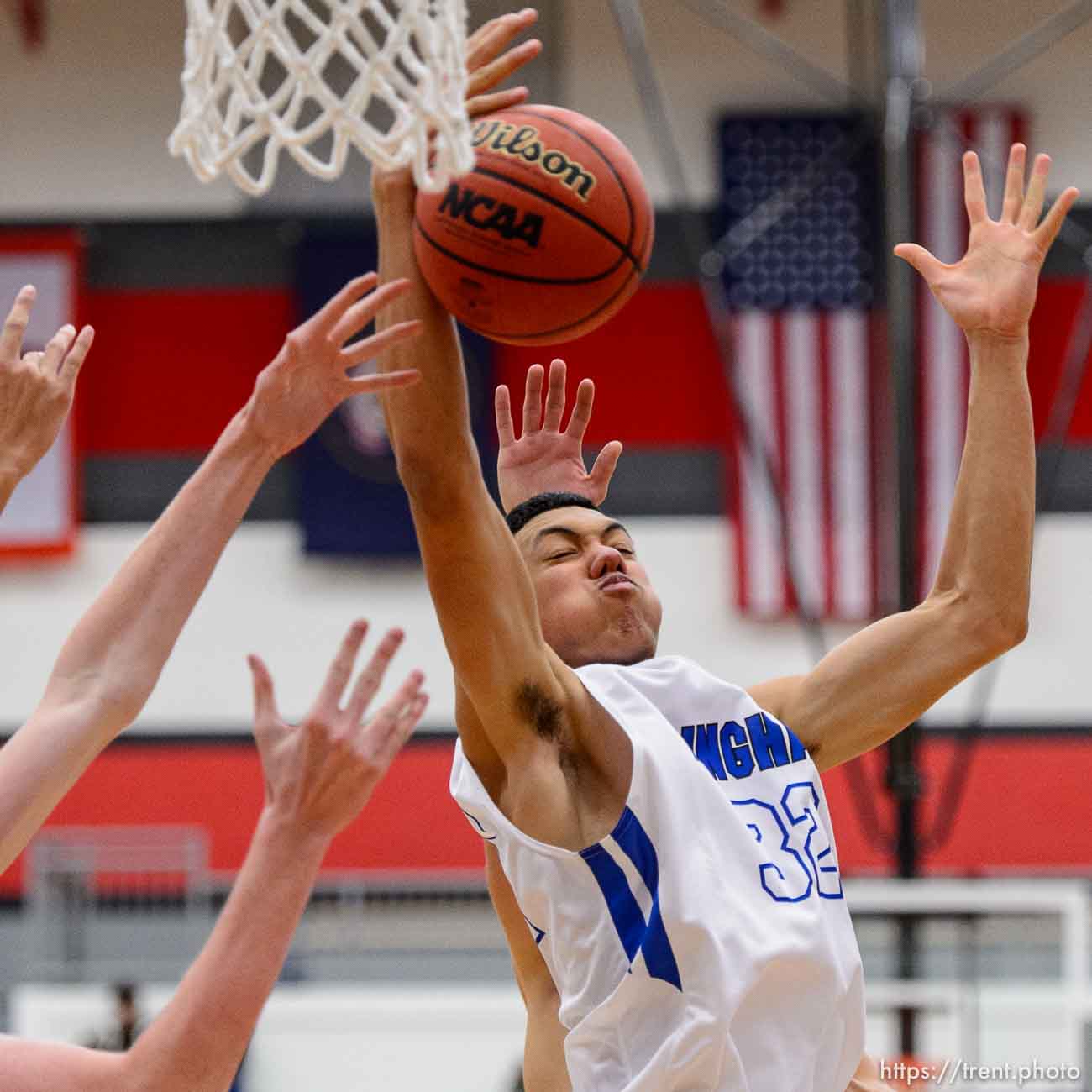 Trent Nelson  |  The Salt Lake Tribune
Bingham's Samuta Avea (32) pulls down a rebound as Bingham plays Olympus in the first round of the boys' basketball Elite 8 Tournament at American Fork High School, Thursday December 10, 2015.