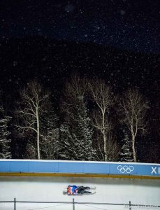Trent Nelson  |  The Salt Lake Tribune
Snow falls as Aidan Kelly (USA) competes in the Viessmann Luge World Cup at the Utah Olympic Park, Saturday December 12, 2015.