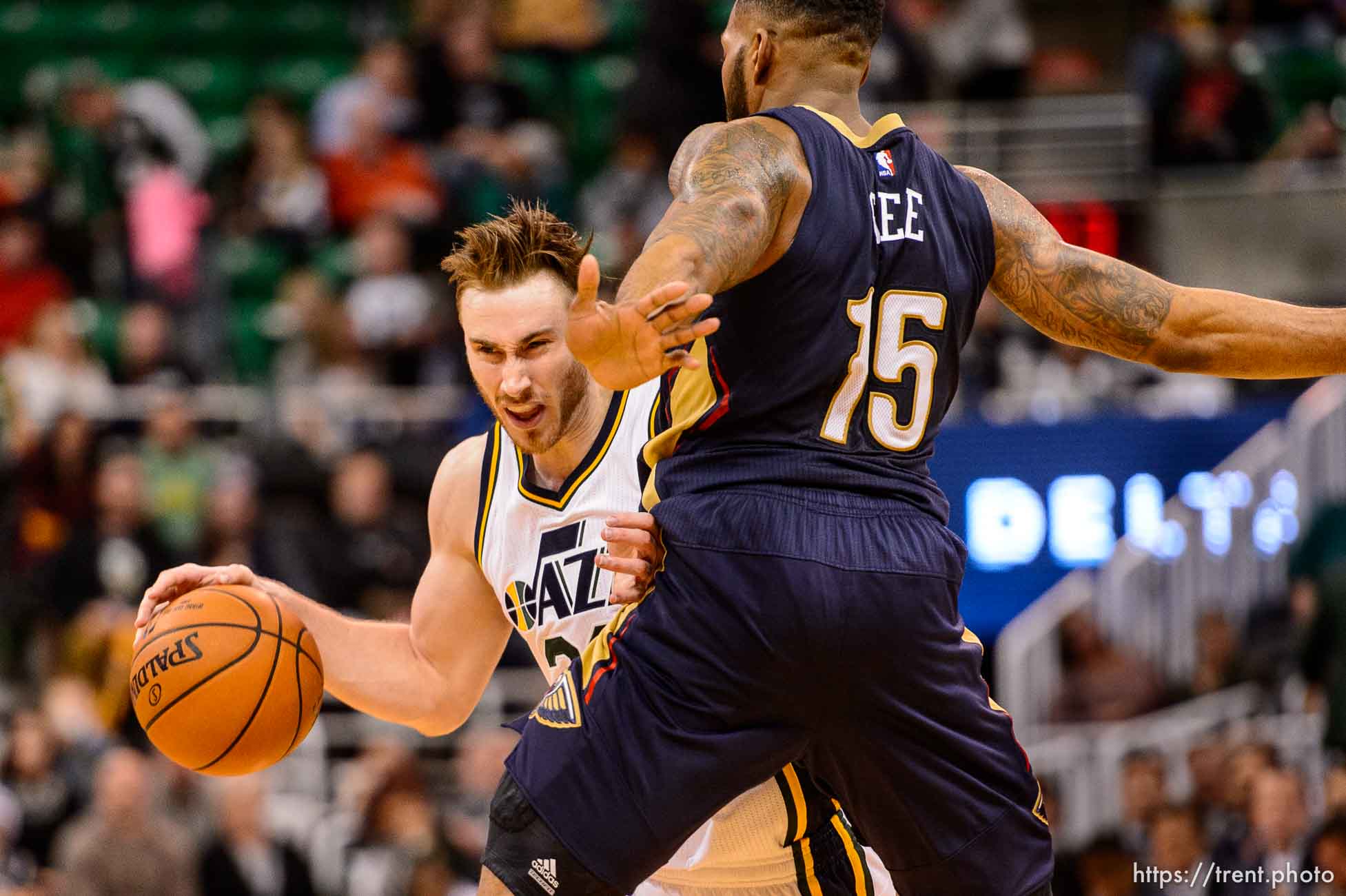 Trent Nelson  |  The Salt Lake Tribune
Utah Jazz forward Gordon Hayward (20) is fouled by New Orleans Pelicans forward Alonzo Gee (15) as the Utah Jazz host the New Orleans Pelicans, NBA basketball in Salt Lake City, Wednesday December 16, 2015.