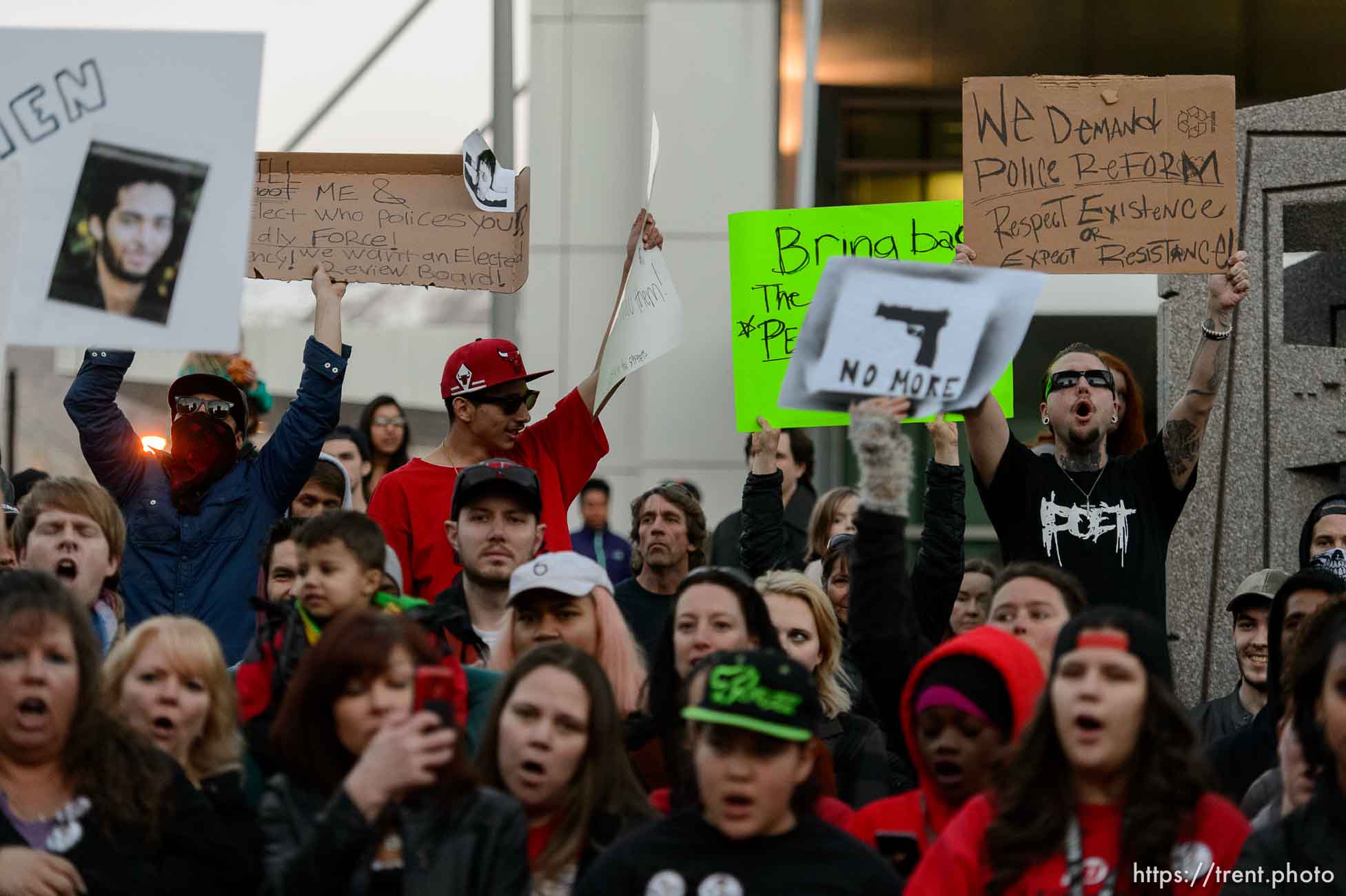 Trent Nelson  |  The Salt Lake Tribune
Protesters will gather at the Wallace Bennett Federal Building and march to the Public Safety Building to protest the police shooting of 17-year-old Abdi Mohamed on Saturday night, Monday February 29, 2016.