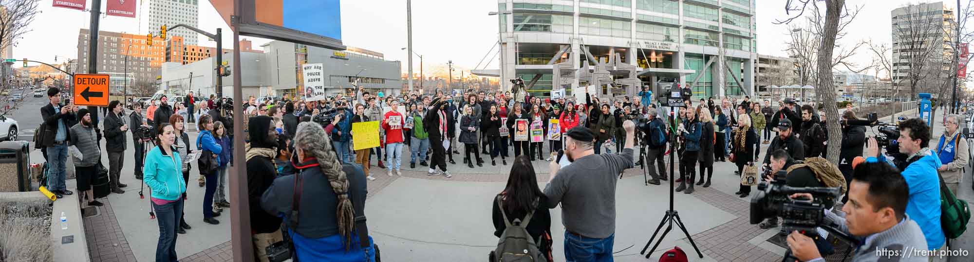 Trent Nelson  |  The Salt Lake Tribune
Protesters will gather at the Wallace Bennett Federal Building and march to the Public Safety Building to protest the police shooting of 17-year-old Abdi Mohamed on Saturday night, Monday February 29, 2016.