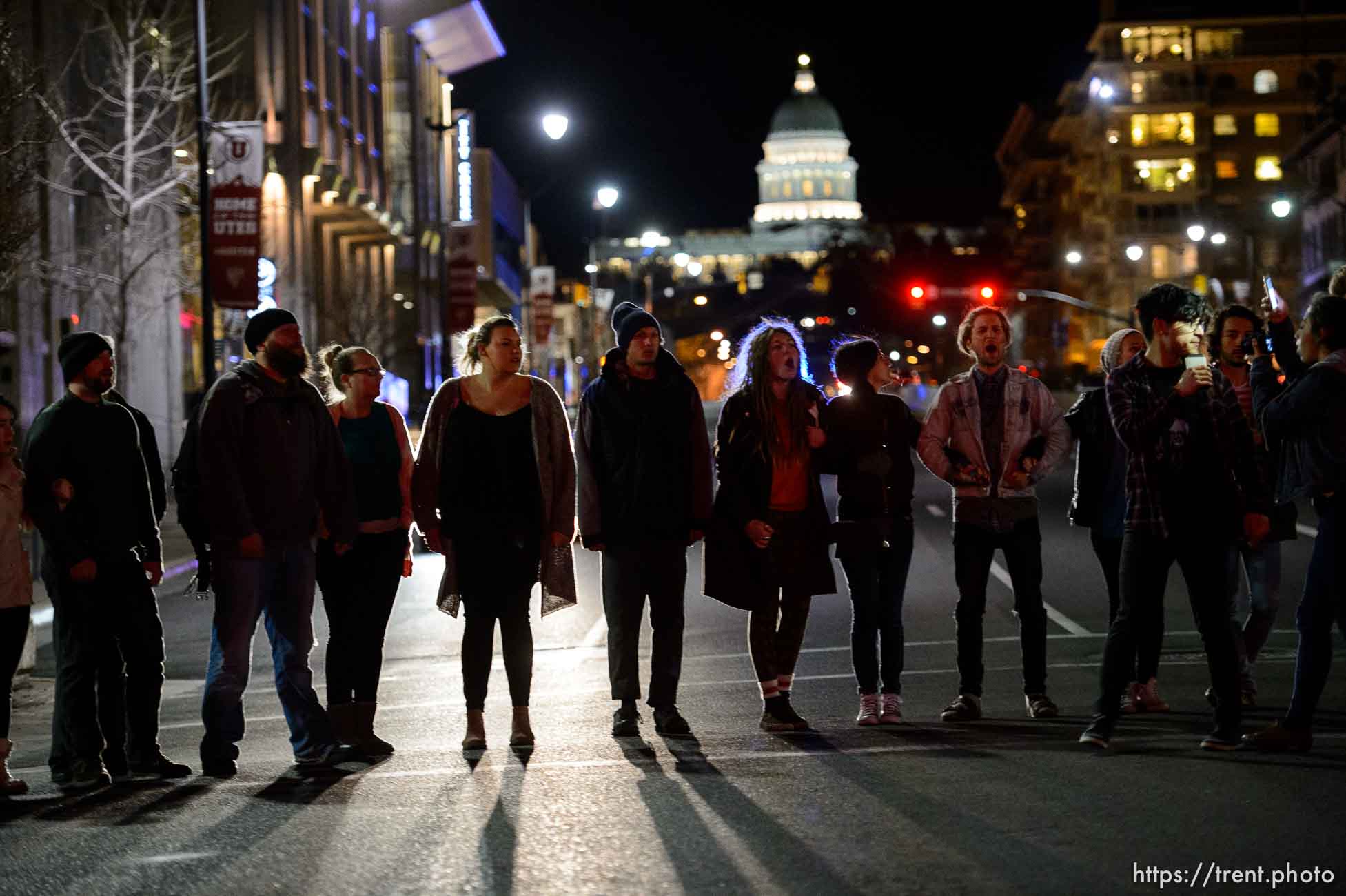 Trent Nelson  |  The Salt Lake Tribune
Protesters occupy intersection of 100 South State Street, near the Wallace Bennett Federal Building to protest the police shooting of 17-year-old Abdi Mohamed on Saturday night, Monday February 29, 2016.