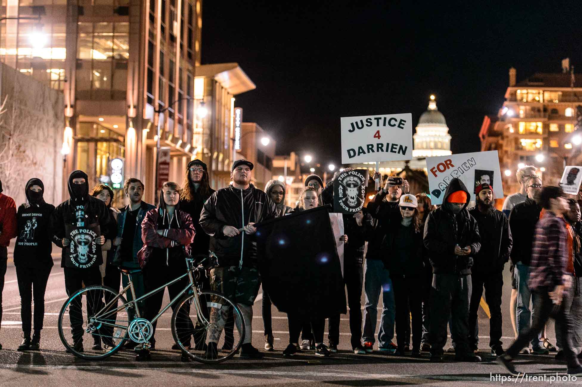 Trent Nelson  |  The Salt Lake Tribune
Protesters occupy the intersection of 100 South State Street to protest the police shooting of 17-year-old Abdi Mohamed on Saturday night, Monday February 29, 2016.