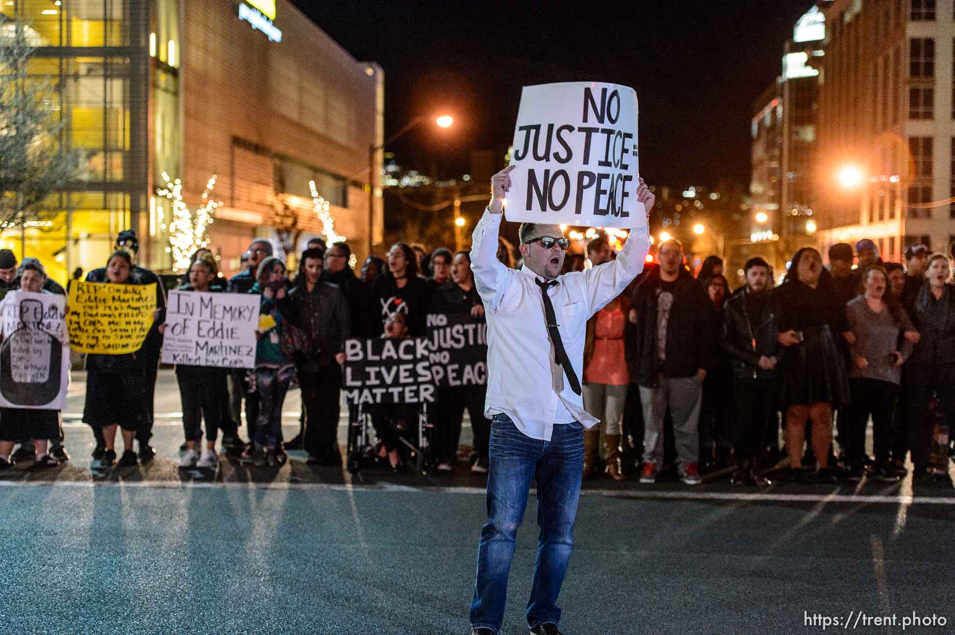 Trent Nelson  |  The Salt Lake Tribune
Protesters occupy the intersection of 100 South State Street to protest the police shooting of 17-year-old Abdi Mohamed on Saturday night, Monday February 29, 2016.