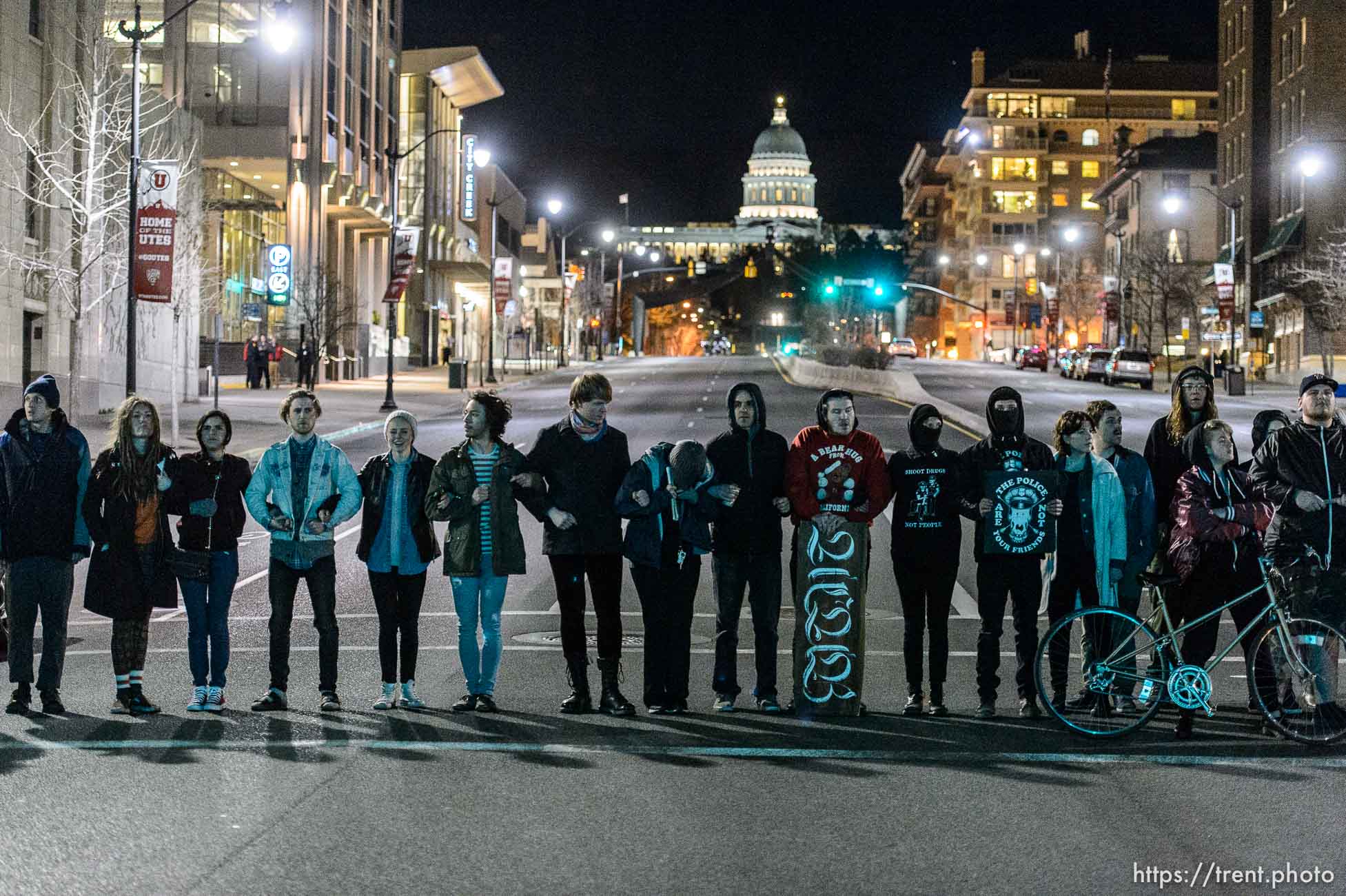 Trent Nelson  |  The Salt Lake Tribune
Protesters occupy the intersection of 100 South State Street to protest the police shooting of 17-year-old Abdi Mohamed on Saturday night, Monday February 29, 2016.