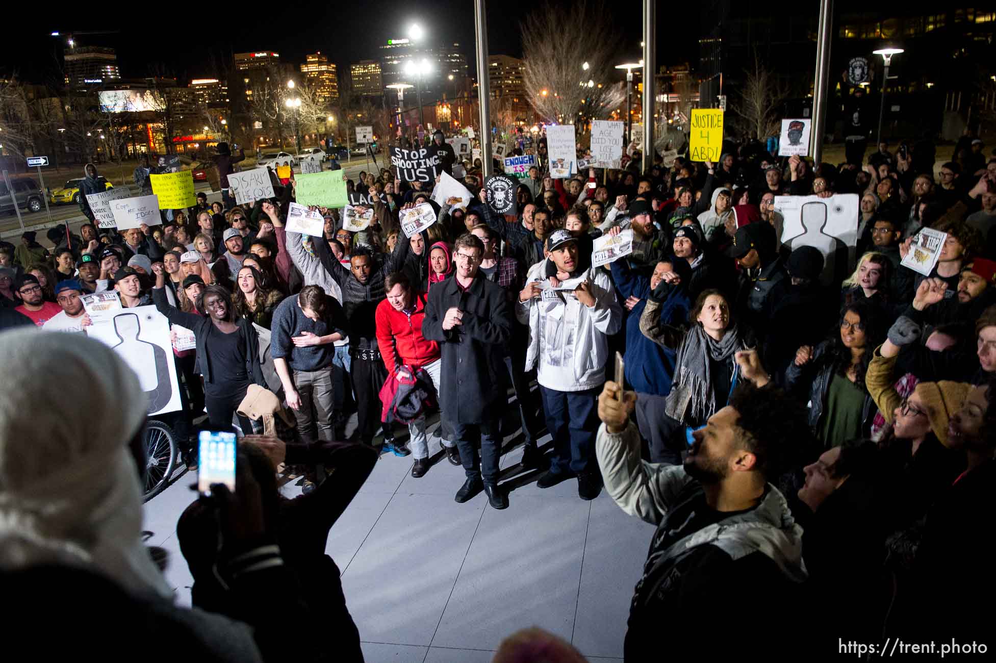 Trent Nelson  |  The Salt Lake Tribune
Protesters will gather at the Wallace Bennett Federal Building and march to the Public Safety Building to protest the police shooting of 17-year-old Abdi Mohamed on Saturday night, Monday February 29, 2016.