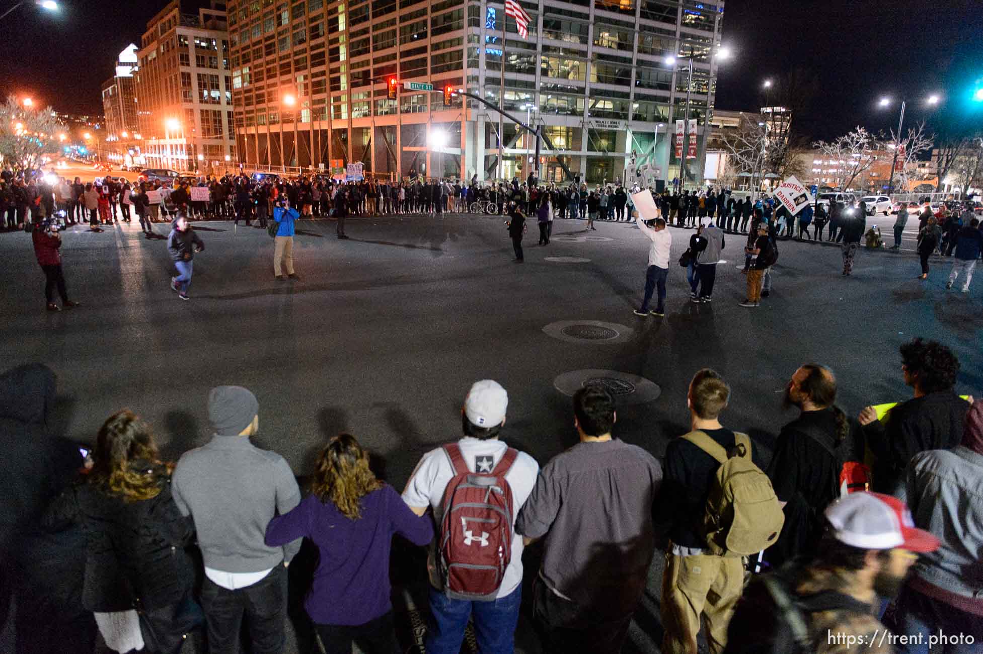 Trent Nelson  |  The Salt Lake Tribune
Protesters occupy the intersection of 100 South State Street to protest the police shooting of 17-year-old Abdi Mohamed on Saturday night, Monday February 29, 2016.