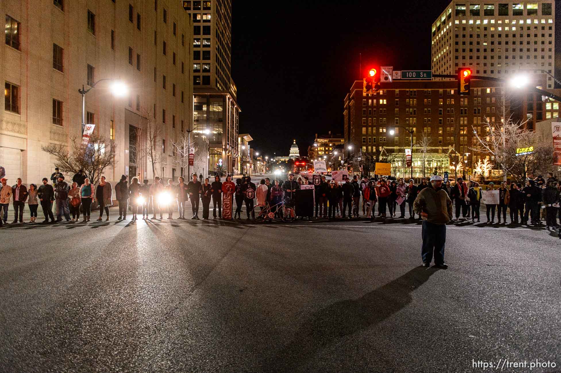 Trent Nelson  |  The Salt Lake Tribune
Protesters occupy the intersection of 100 South State Street to protest the police shooting of 17-year-old Abdi Mohamed on Saturday night, Monday February 29, 2016.