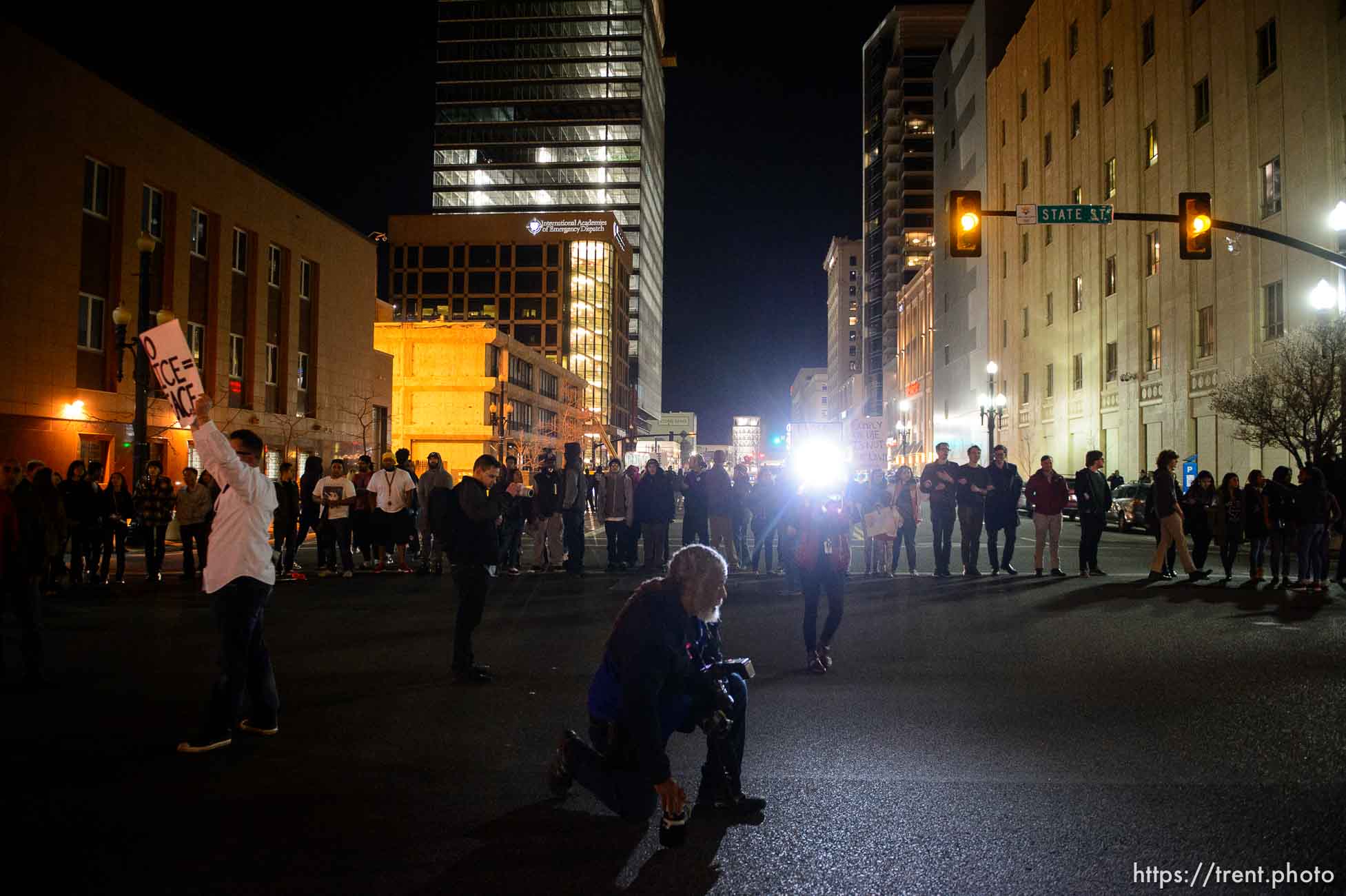 Trent Nelson  |  The Salt Lake Tribune
Protesters occupy the intersection of 100 south state street near the Wallace Bennett Federal Building and march to the Public Safety Building to protest the police shooting of 17-year-old Abdi Mohamed on Saturday night, Monday February 29, 2016. Rick Bowmer