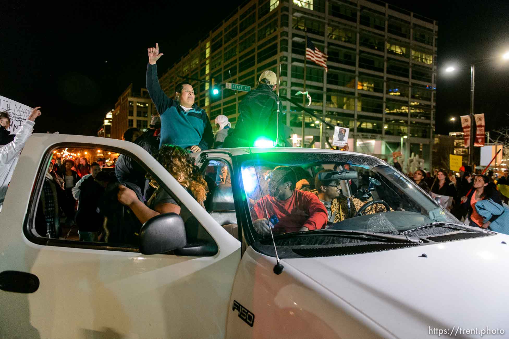 Trent Nelson  |  The Salt Lake Tribune
Protesters occupy the intersection of 100 South State Street to protest the police shooting of 17-year-old Abdi Mohamed on Saturday night, Monday February 29, 2016.