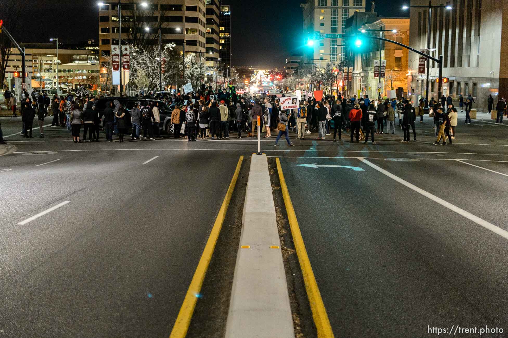 Trent Nelson  |  The Salt Lake Tribune
Protesters occupy the intersection of 100 South State Street to protest the police shooting of 17-year-old Abdi Mohamed on Saturday night, Monday February 29, 2016.