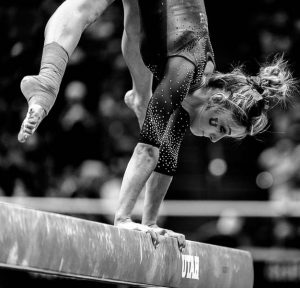 Trent Nelson  |  The Salt Lake Tribune
Sabrina Schwab on the beam as the University of Utah hosts Michigan, NCAA gymnastics at the Huntsman Center in Salt Lake City, Saturday January 7, 2017.