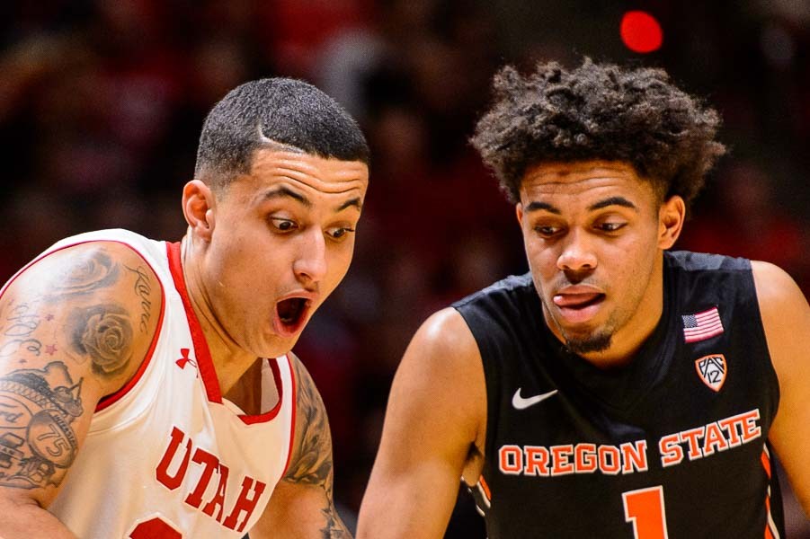 Trent Nelson  |  The Salt Lake Tribune
Utah Utes forward Kyle Kuzma (35) and Oregon State Beavers guard Stephen Thompson Jr. (1) fight for position as the University of Utah hosts Oregon State, NCAA basketball at the Huntsman Center in Salt Lake City, Saturday January 28, 2017.