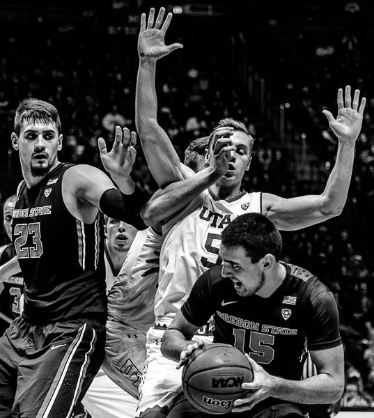 Trent Nelson  |  The Salt Lake Tribune
Oregon State Beavers guard Tanner Sanders (15) defended by Utah Utes guard Parker Van Dyke (5) as the University of Utah hosts Oregon State, NCAA basketball at the Huntsman Center in Salt Lake City, Saturday January 28, 2017.