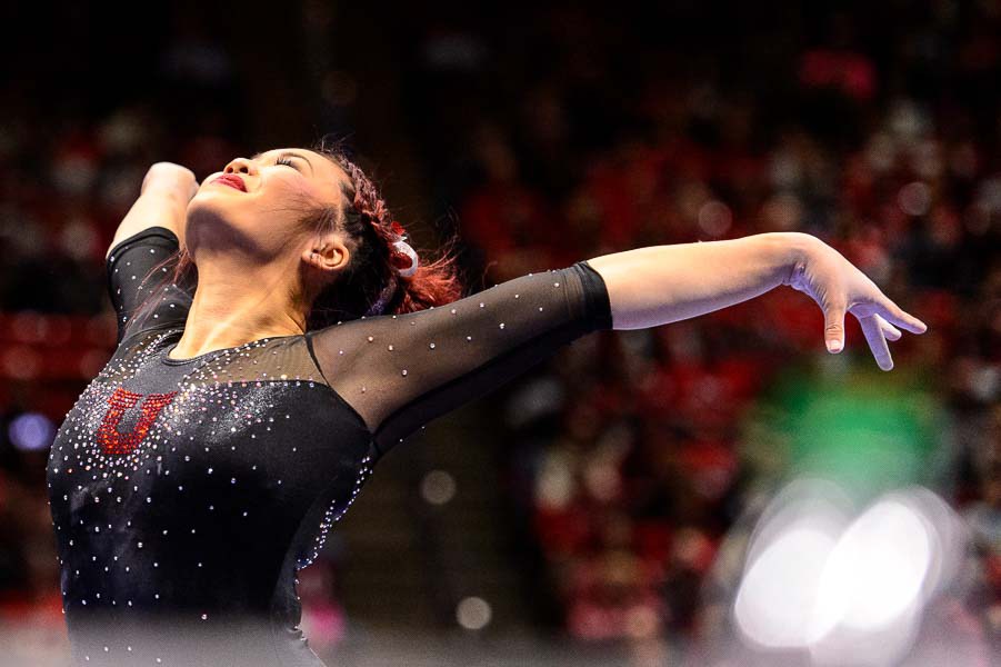 Trent Nelson  |  The Salt Lake Tribune
Utah's Kari Lee on the beam as the University of Utah hosts Cal, NCAA Gymnastics at the Huntsman Center, Saturday February 4, 2017.