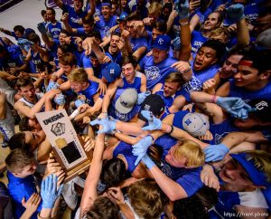 Trent Nelson  |  The Salt Lake Tribune
Bingham players and fans celebrate their win over Lone Peak in the 5A state high school basketball championship game, Saturday March 4, 2017.