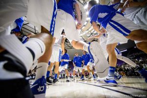 Trent Nelson  |  The Salt Lake Tribune
Bingham players huddle pre-game before facing Lone Peak in the 5A state high school basketball championship game, Saturday March 4, 2017.