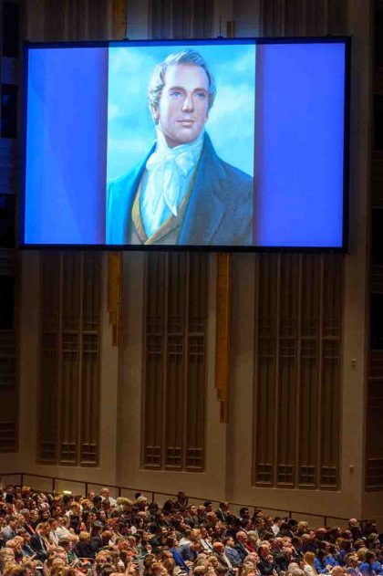 Trent Nelson  |  The Salt Lake Tribune
A projection of Joseph Smith during the morning session of the 187th Annual General Conference at the Conference Center in Salt Lake City, Sunday April 2, 2017.