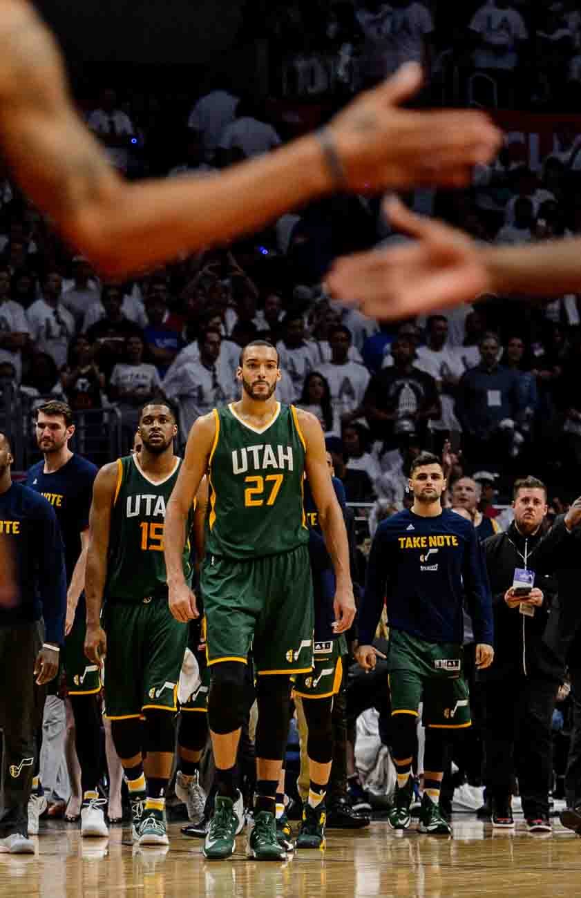 Trent Nelson  |  The Salt Lake Tribune
Utah Jazz forward Derrick Favors (15) and Utah Jazz center Rudy Gobert (27) walk onto the court to celebrate the win as the Utah Jazz face the Los Angeles Clippers in Game 7 at STAPLES Center in Los Angeles, California, Sunday April 30, 2017.