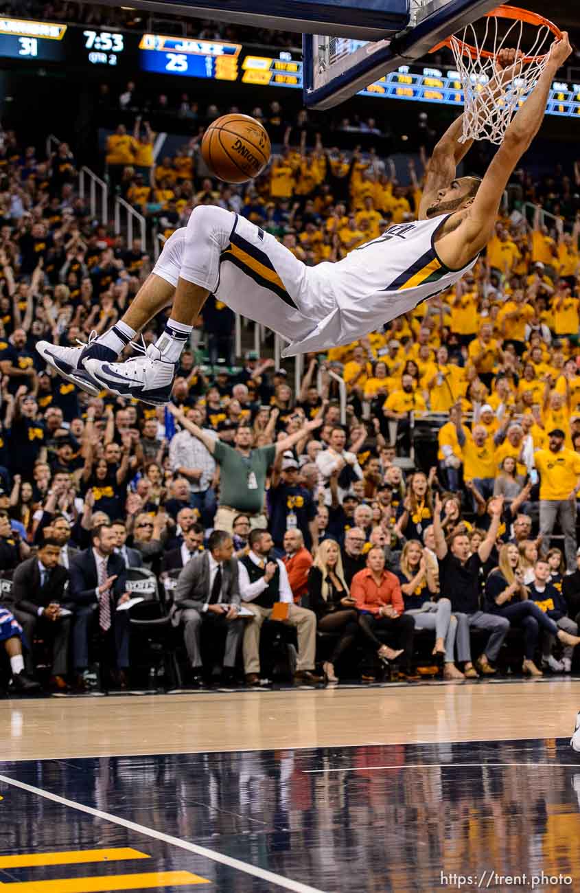 Trent Nelson  |  The Salt Lake Tribune
Utah Jazz center Rudy Gobert (27) dunks the ball as the Utah Jazz host the Golden State Warriors in Game 3 of the second round, NBA playoff basketball in Salt Lake City, Saturday May 6, 2017.