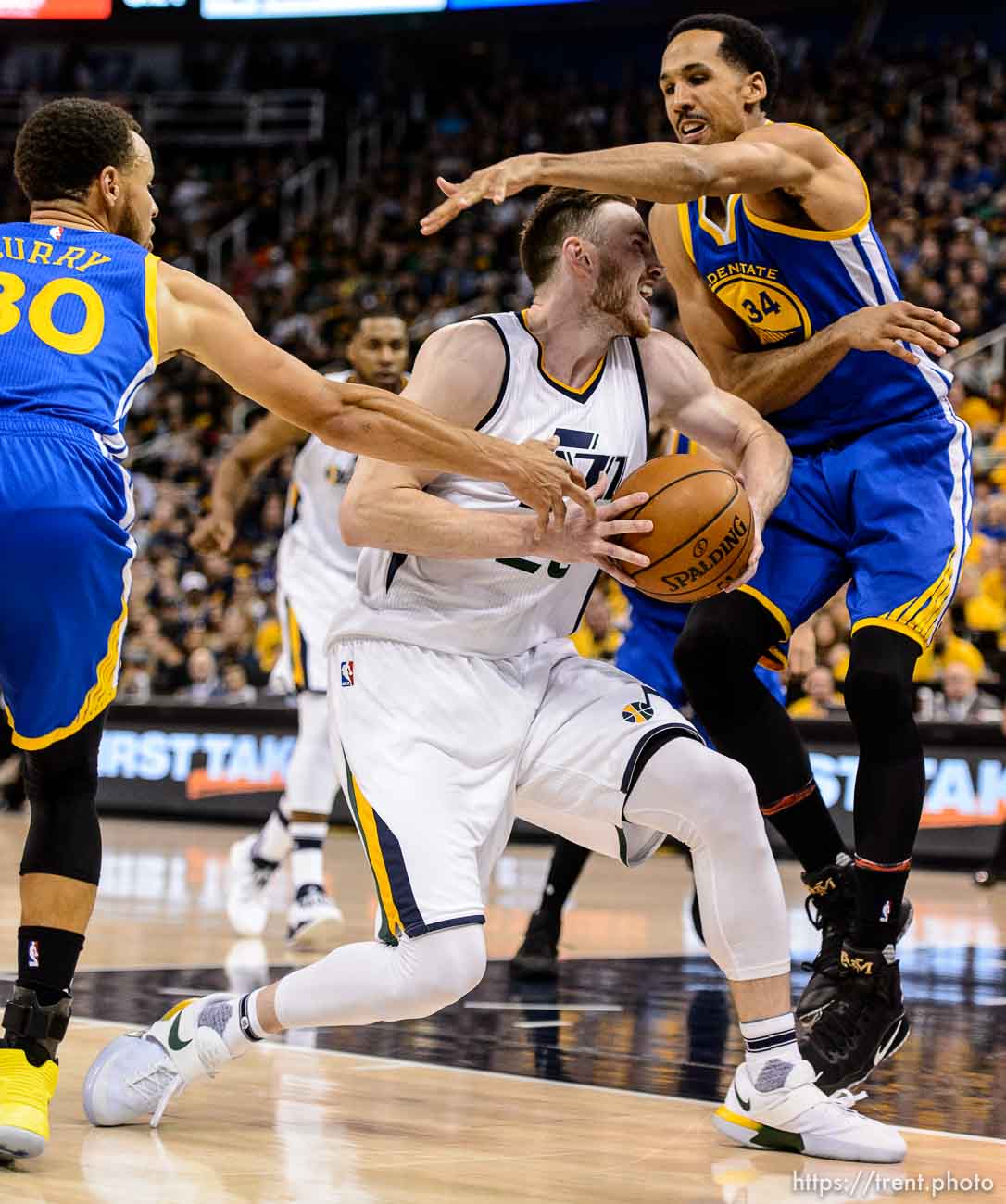 Trent Nelson  |  The Salt Lake Tribune
Utah Jazz forward Gordon Hayward (20) defended by Golden State Warriors guard Stephen Curry (30) and Golden State Warriors guard Shaun Livingston (34) as the Utah Jazz host the Golden State Warriors in Game 3 of the second round, NBA playoff basketball in Salt Lake City, Saturday May 6, 2017.