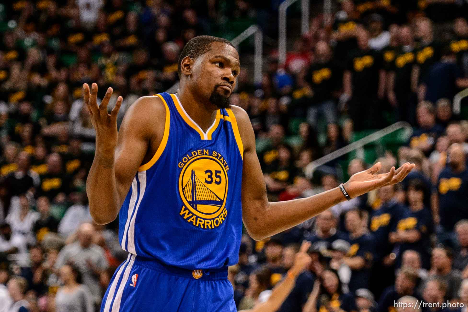 Trent Nelson  |  The Salt Lake Tribune
Golden State Warriors forward Kevin Durant (35) gestures after hitting the second of two three-pointers in the fourth quarter as the Utah Jazz host the Golden State Warriors in Game 3 of the second round, NBA playoff basketball in Salt Lake City, Saturday May 6, 2017.