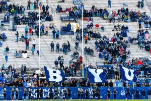 (Trent Nelson | The Salt Lake Tribune)  BYU fans celebrate a late touchdown as BYU hosts the University of Massachusetts, NCAA football in Provo, Saturday November 18, 2017.