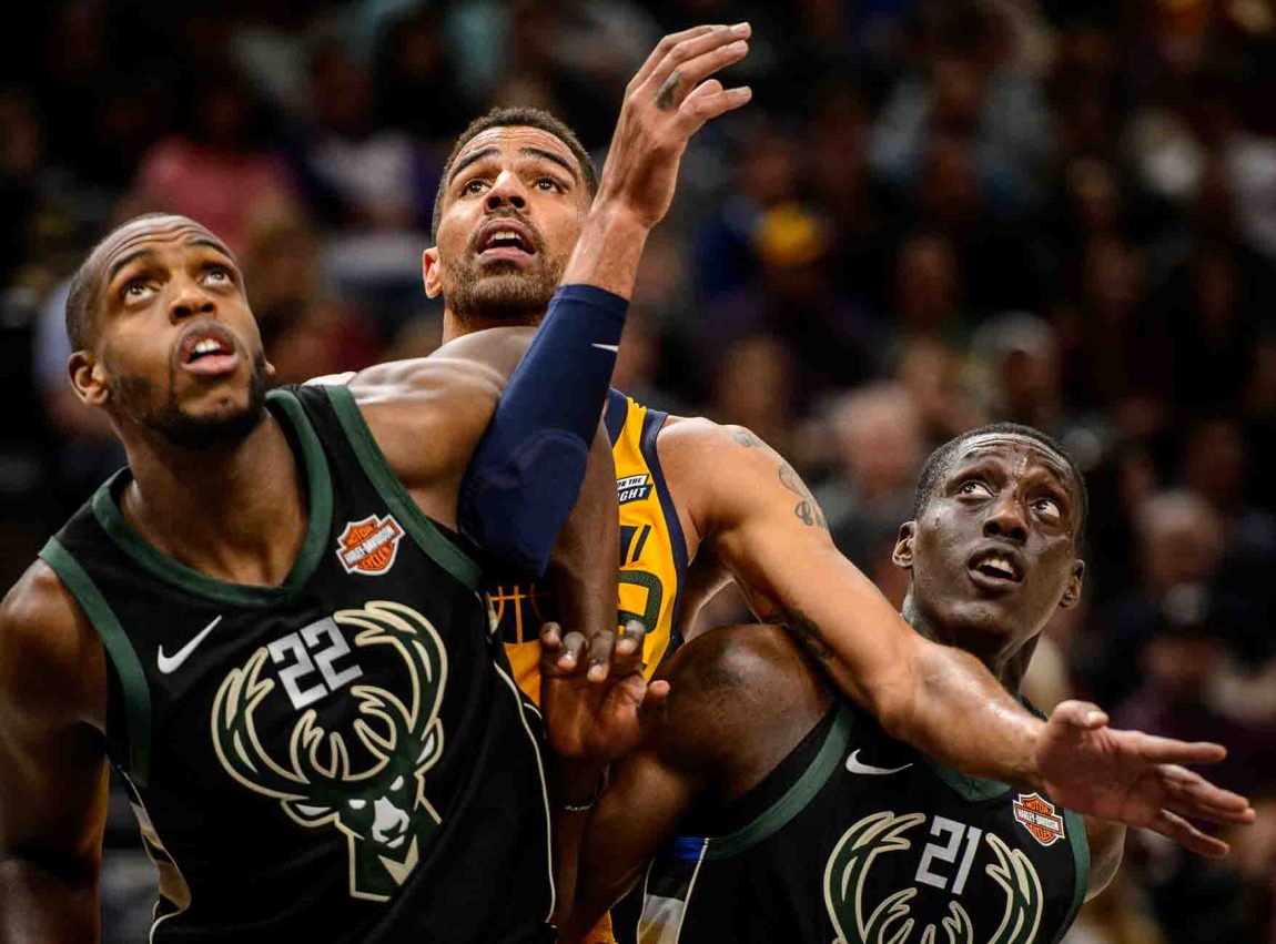 Milwaukee Bucks forward Khris Middleton (22), Utah Jazz forward Thabo Sefolosha (22), and Milwaukee Bucks guard Tony Snell (21) as the Utah Jazz host the Milwaukee Bucks, NBA basketball in Salt Lake City Saturday November 25, 2017.