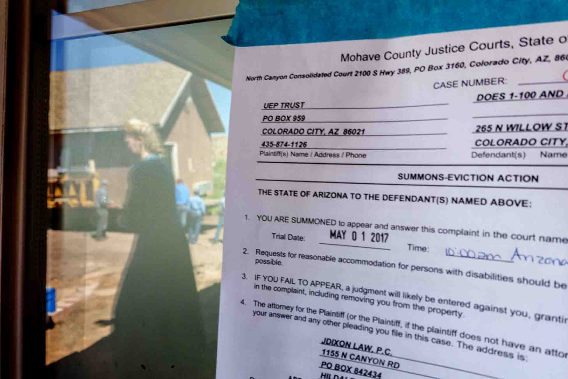 Trent Nelson  |  The Salt Lake Tribune
An eviction notice from the UEP Trust on a Colorado City, Ariz., home where an FLDS family was living, Monday May 1, 2017.