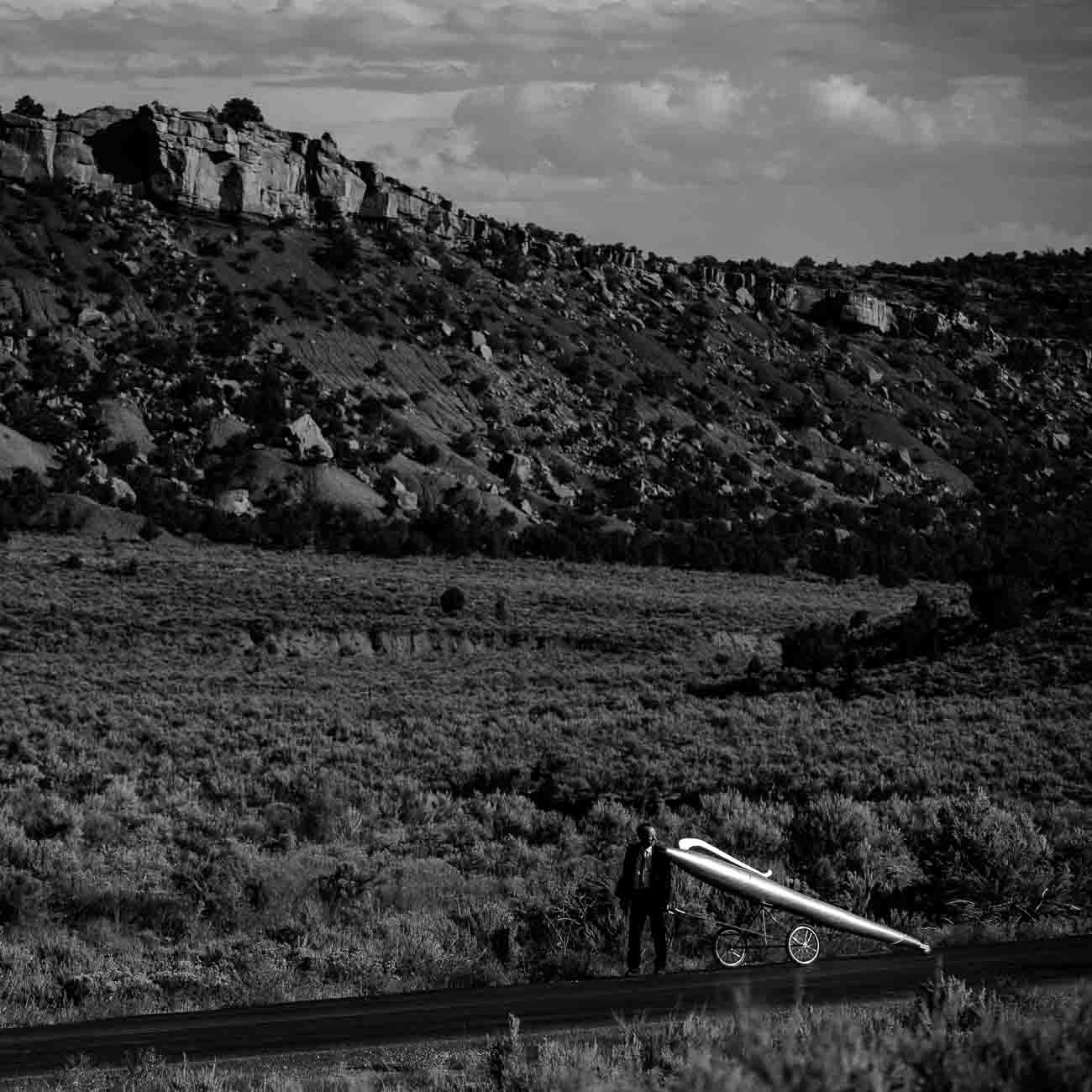 (Trent Nelson | The Salt Lake Tribune)  German artists Thomas Huber (pictured) and Wolfgang Aichner on the first day of their art project, Linear, about ten miles northwest of Vernal Wednesday September 13, 2017. The duo are launching a four-week long performance art project in which they are filming themselves dragging an oversized giant silver pen through a 250-mile rectangular through the deserts of Utah, Wyoming and Colorado.