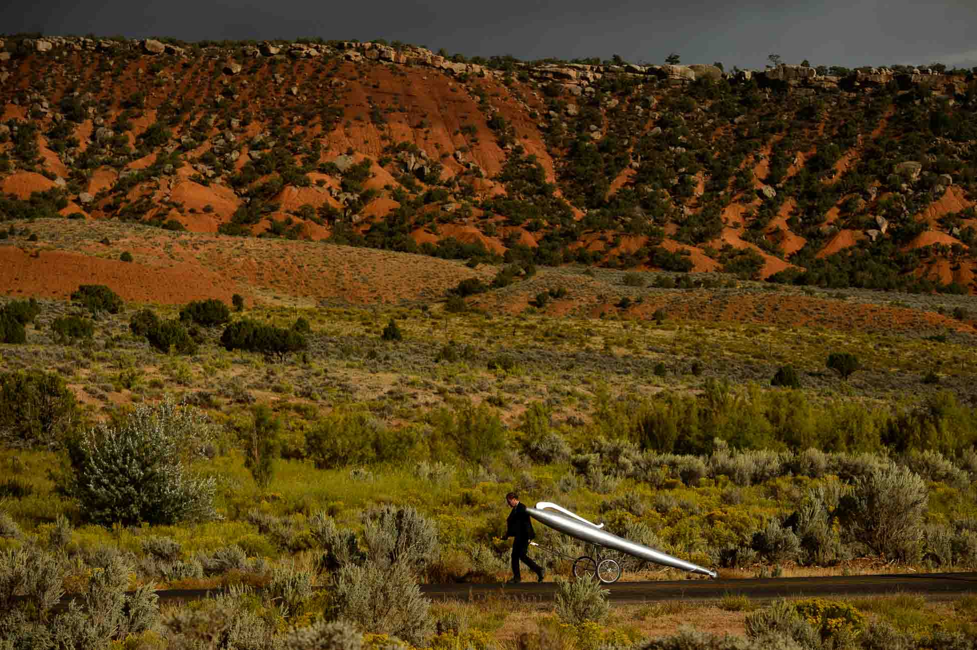 (Trent Nelson | The Salt Lake Tribune)  German artists Thomas Huber (pictured) and Wolfgang Aichner on the first day of their art project, Linear, about ten miles northwest of Vernal Wednesday September 13, 2017. The duo are launching a four-week long performance art project in which they are filming themselves dragging an oversized giant silver pen through a 250-mile rectangular through the deserts of Utah, Wyoming and Colorado.