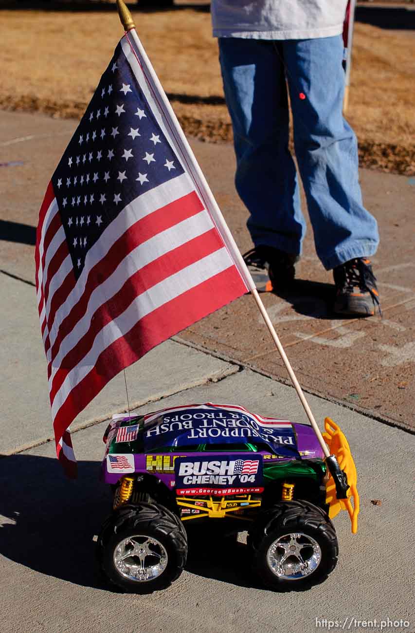 Casper - remote controlled truck covered with flags.