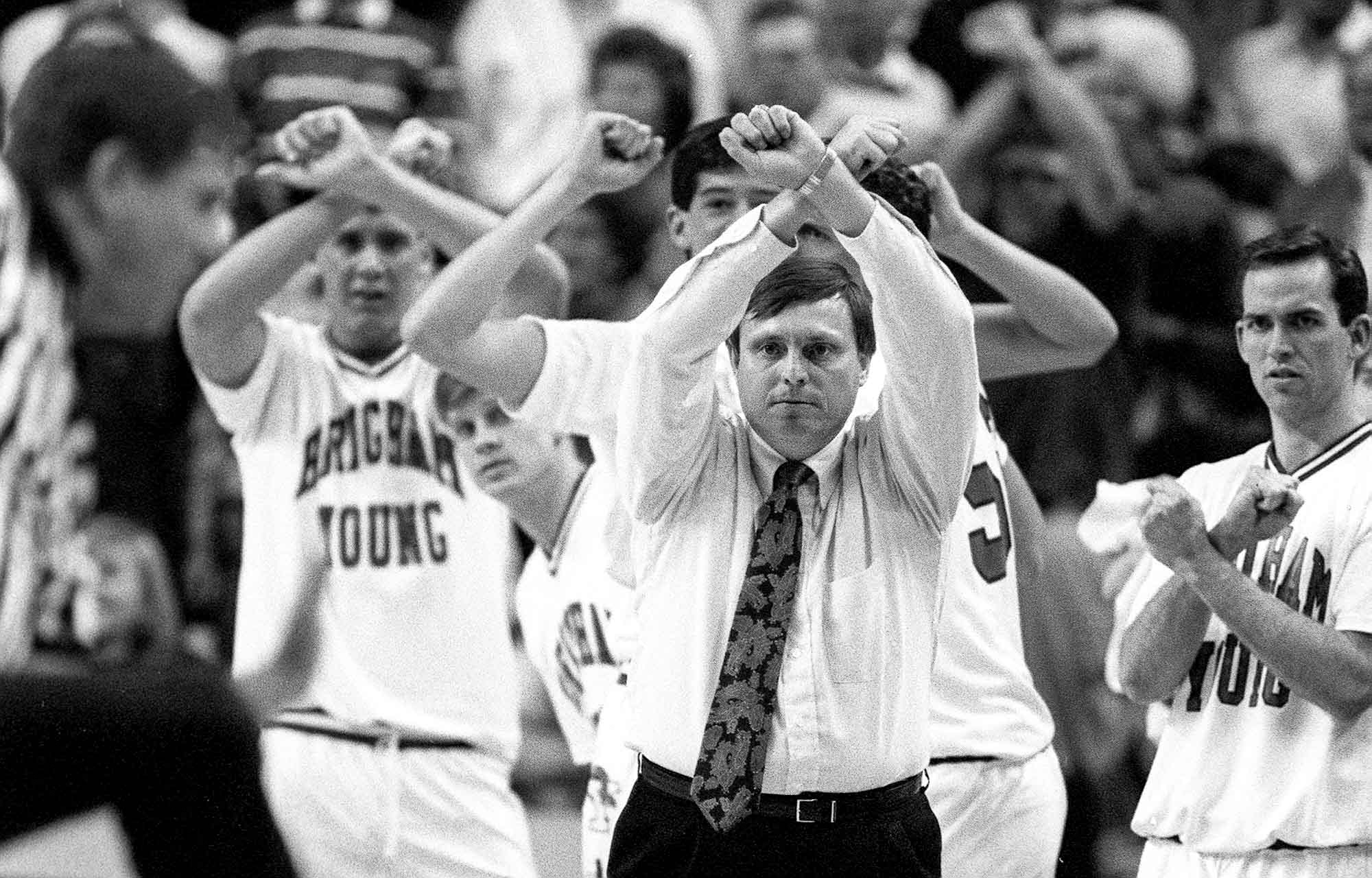 Coach Roger Reid and team at BYU vs. UTEP basketball.