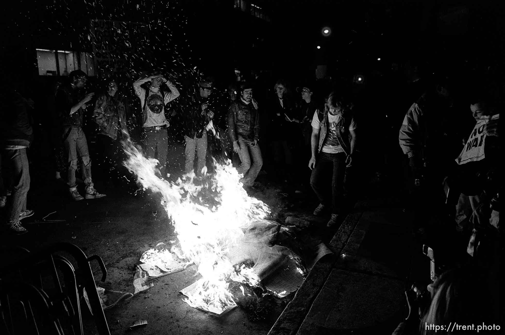 Fire in the street at Gulf War protest.